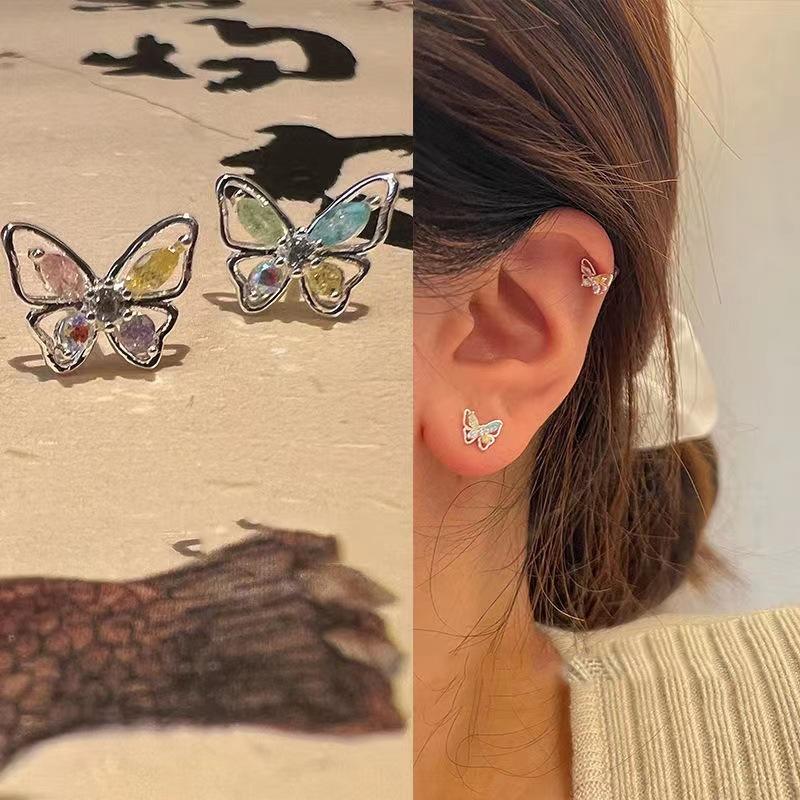 

Summer new atmosphere bright butterfly earrings earrings sweet pink and blue small butterfly Symphony wind niche temperament