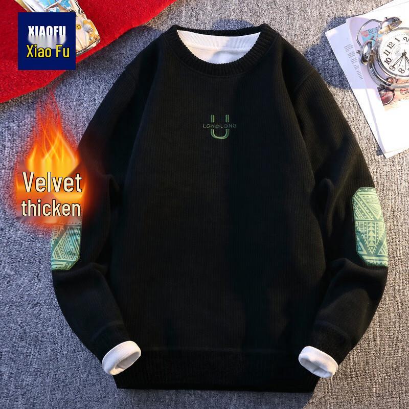 Men s Casual Embroidered Patch Round Neck Long Sleeve Pullover Sweatshirt 2XL
