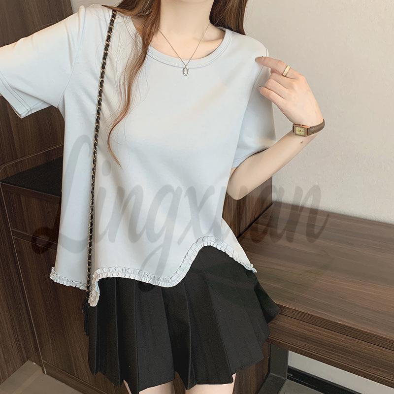 2026 Summer Plus Size Women s Irregular Ruffled Lace Short Sleeve T-shirt 3XL