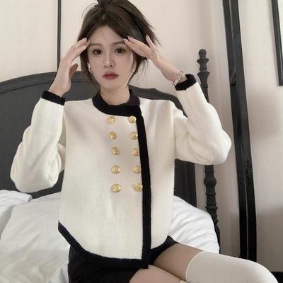 Xiaoxiangfeng Irregular White Knitted Cardigan Jacket Women's Autumn and Winter New French Short Long-sleeved Sweater Top