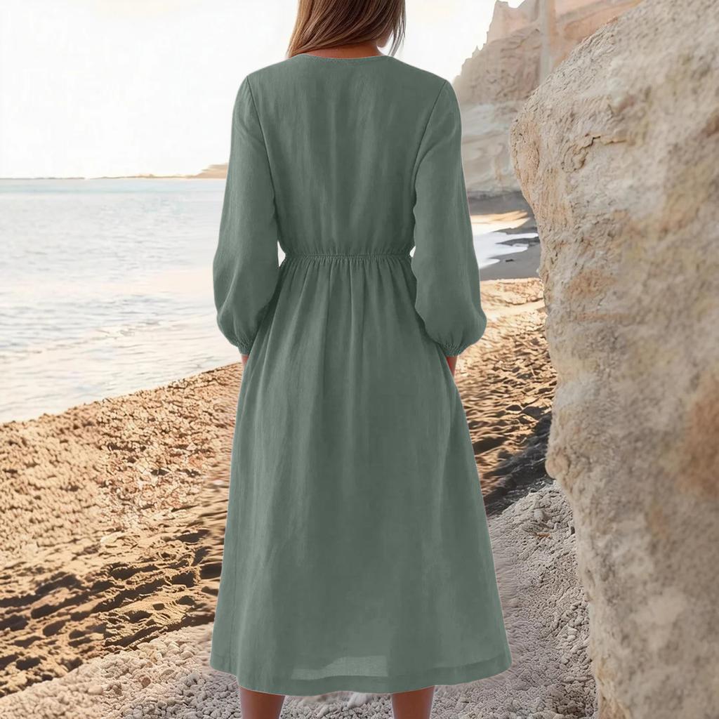 Modisches lockeres Damen-Freizeitkleid mit hohem Bund aus Baumwoll-Leinen-Mischung, langärmlig