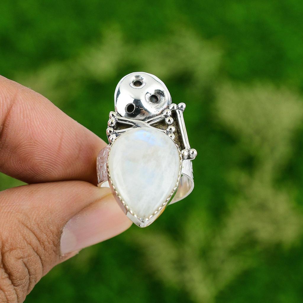 Natural Rainbow Moonstone Stackable Skull And Bone Adjustable Ring 925 Silver