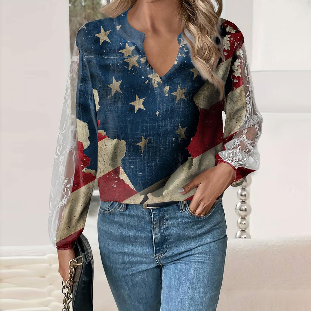 Length Sleeve Womens Tops Casual Loose Fit V-neck T Shirts Cute Print Lace Sleeve Tunic Tops