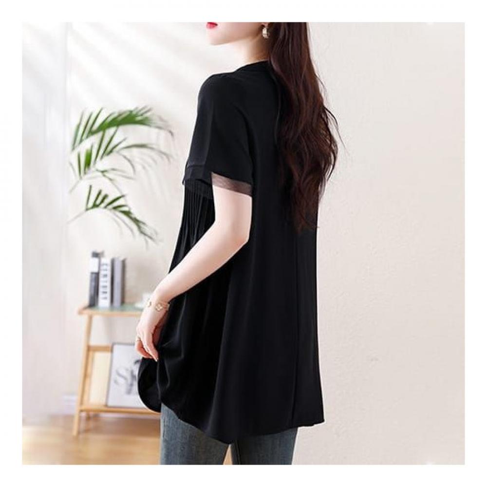 Navava Women Vintage Pleats Round Neck Short Sleeve Blouse Nb2199