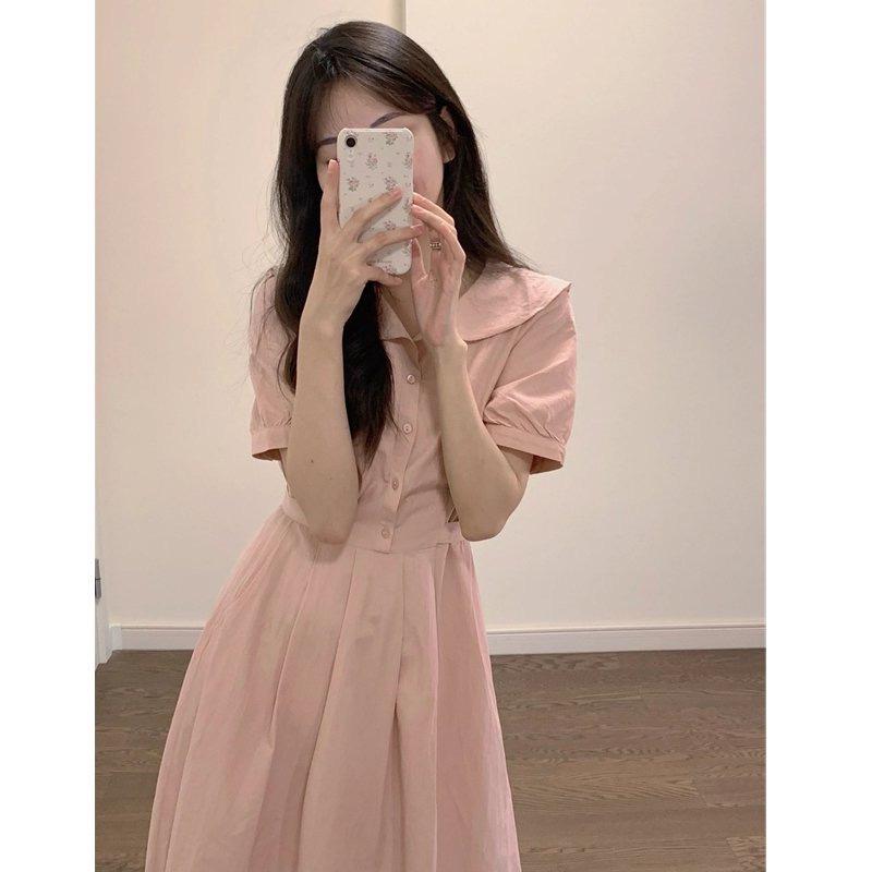 French Pink Doll Dress - Short Sleeve, Waist-Cinched, Slimming Long Dress Large