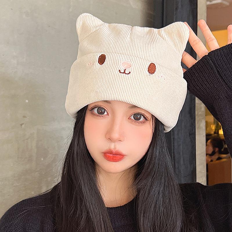 Cute Cat Embroidered Knitted Hat Outdoor Warm Ear Protection Cat Ears Wool Cap Over Head Cold Cap Street Beanies Cap Penny Cap