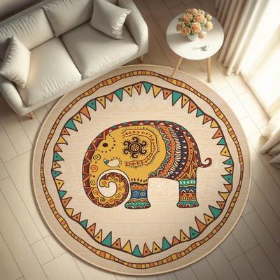 Bohemian Elephant Round Rug Ethnic Geometric Pattern Floor Mat Soft Non-Slip Circle Carpet for Living Room Bedroom Decor