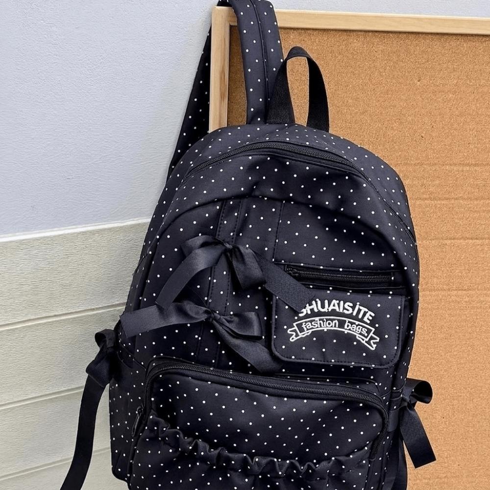 Zaino a pois con fiocco, grande capacità, multi-scomparto, daypack, borsa scolastica alla moda per adolescenti