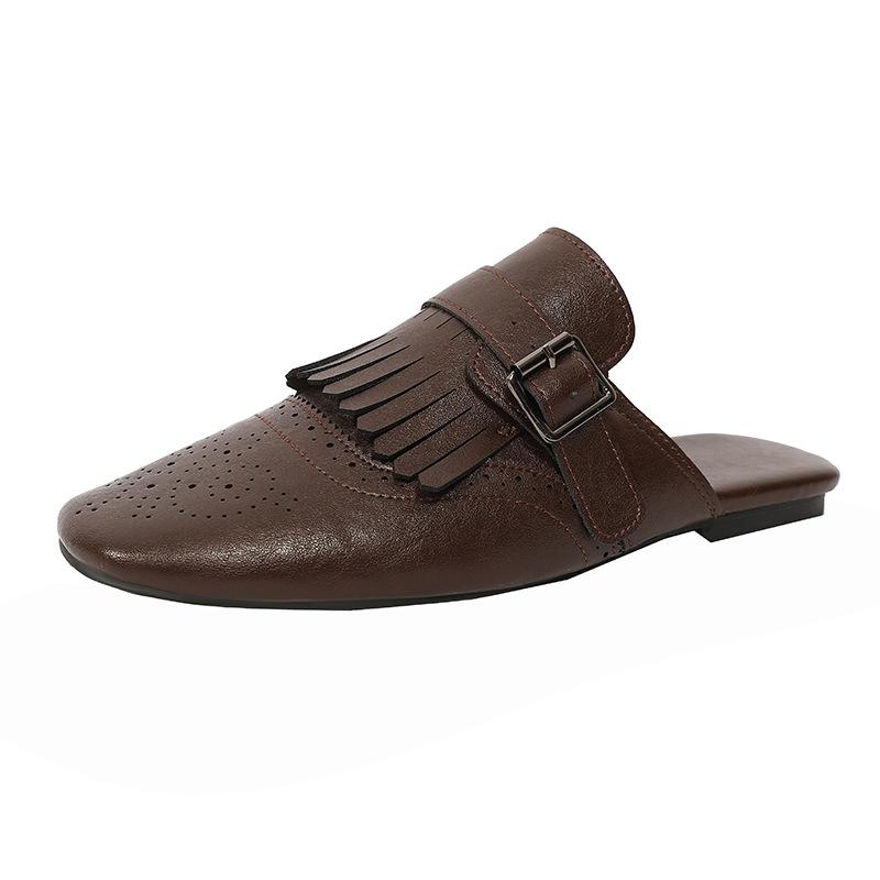 

Металлическая пряжка, кисточки, женские плоские шлепанцы 2025 лето, мюли, высокое качество, модные, мягкие, с круглым носком, повседневные, элегантные женские сандалии 40 коричневый