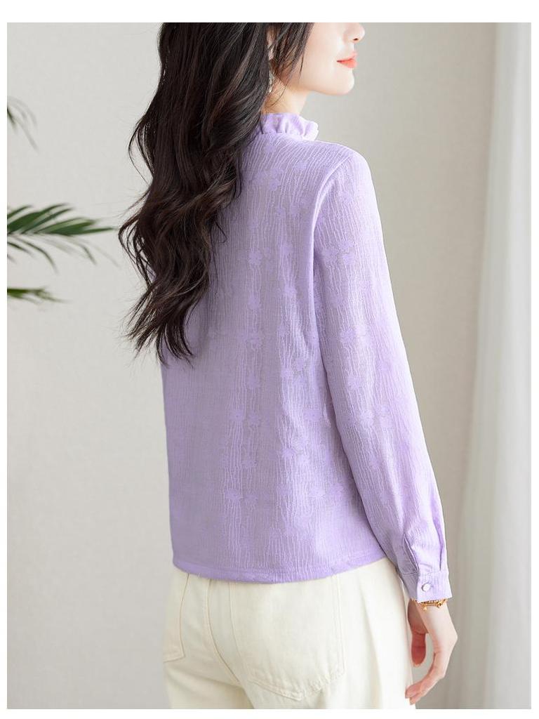Spring 2025 Ruffled Stand Collar Jacquard Women's Long Sleeve Top