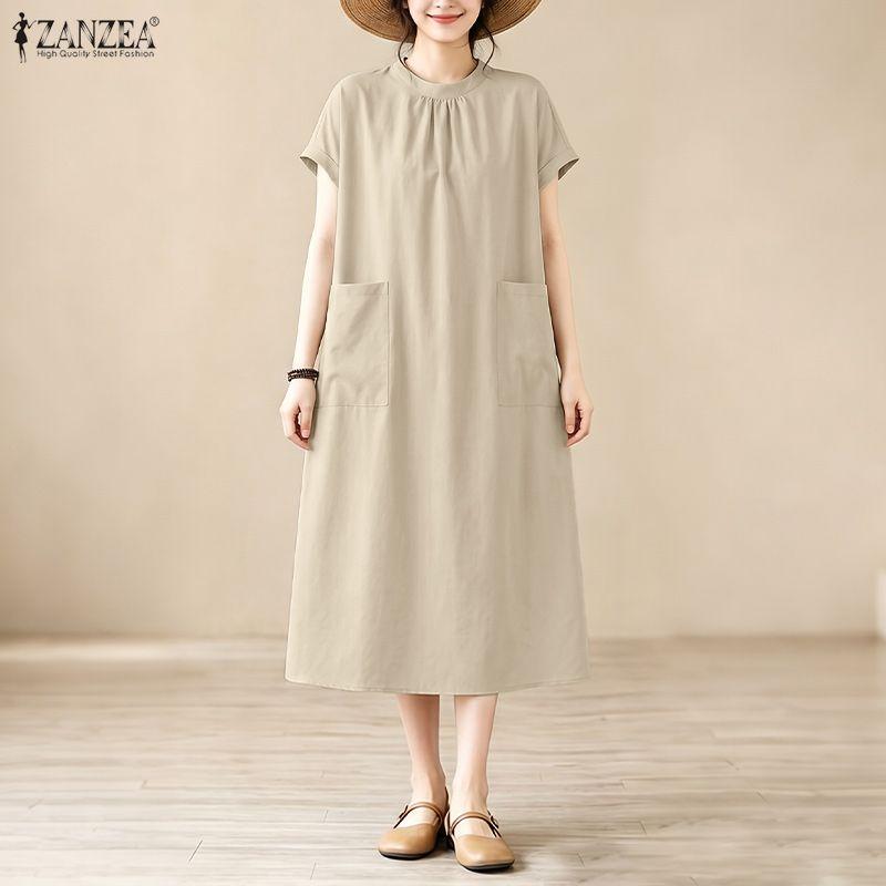 ZANZEA Women Casual Round Neck Solid Color Loose Short Sleeve Dress