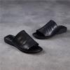 Johnature Retro Outerwear Slippers Genuine Leather Soft Soled Peep Toed Flat Women's Slides