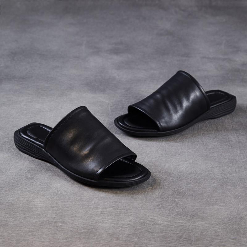 Johnature Retro Outerwear Slippers Genuine Leather Soft Soled Peep Toed Flat Women's Slides