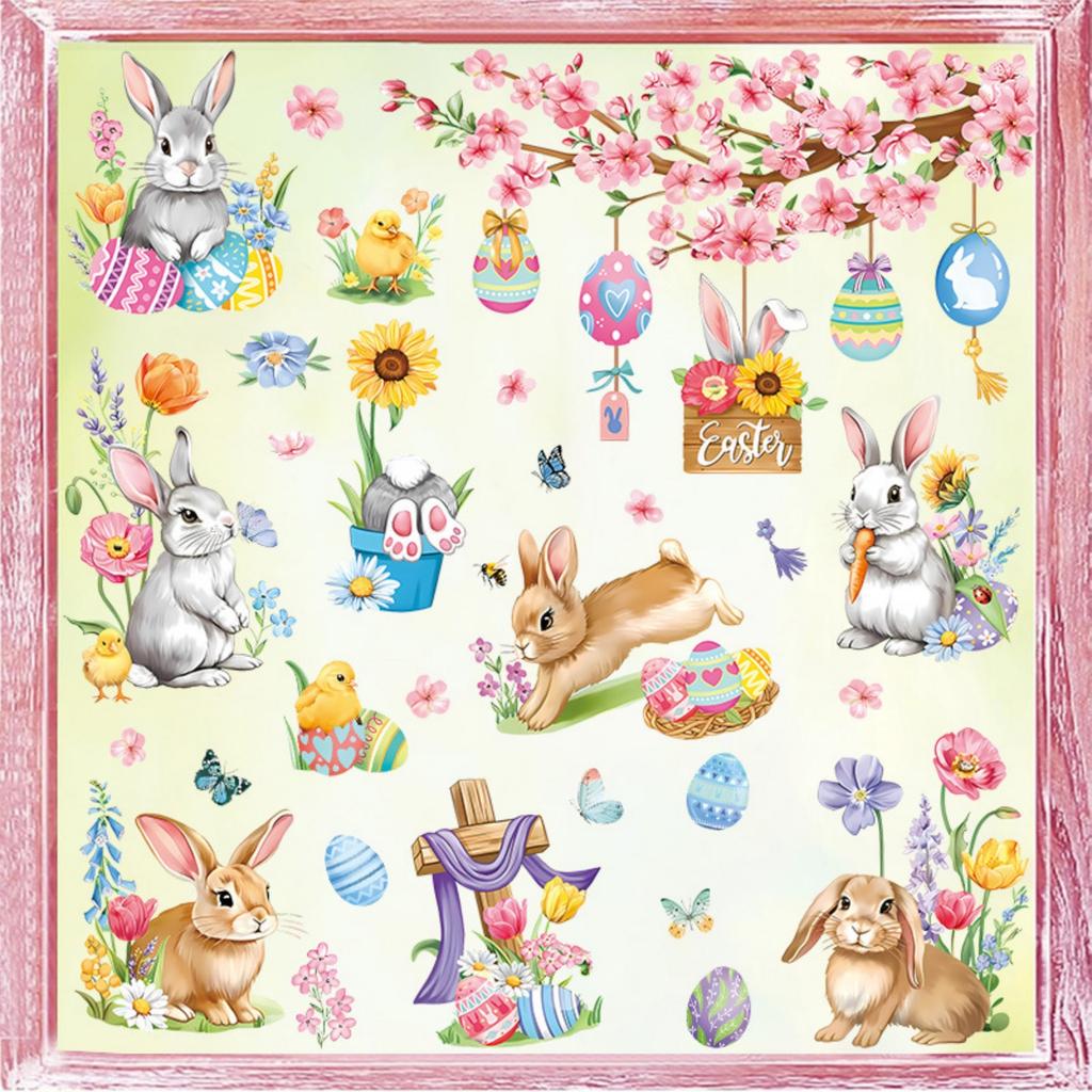 2 Sheets Easter Bunny Window Clings Cartoon Egg Stickers Cute Decoration For Home Classroom Nursery Shop Glass Display Decorations