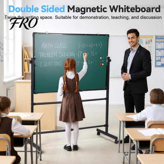 Magnetic Standing Easel Board 40x28 Inch Reversible Whiteboard/Chalkboard On Wheels, Height Adjustable, 2-in-1 Mobile Whiteboard Rolling for