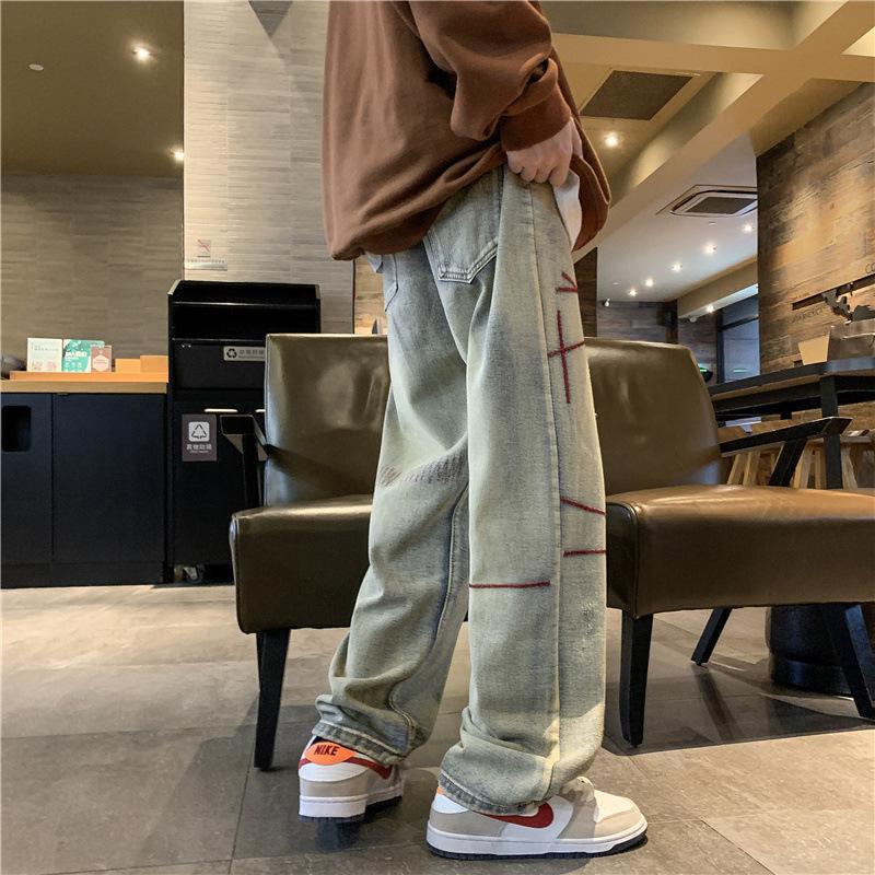 Мужские джинсы с широкими штанинами JYL Американский мультфильм Вышивка полотенцем Зимние свободные джинсовые брюки XXL бездна