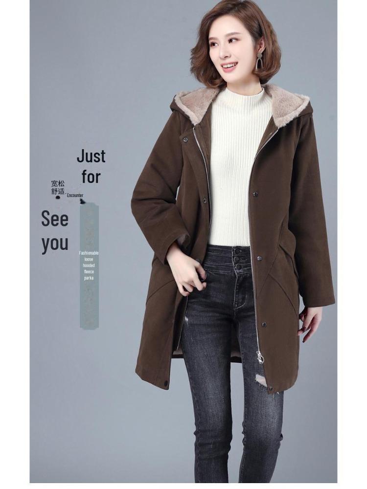 2024 Women Autumn Winter Thickened Cotton Padded Parker Jacket Mid Length Coat for Middle Aged