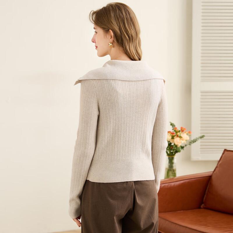 TUHUANG Women's Pure Wool Ribbed Sailor Collar Cardigan Sweater