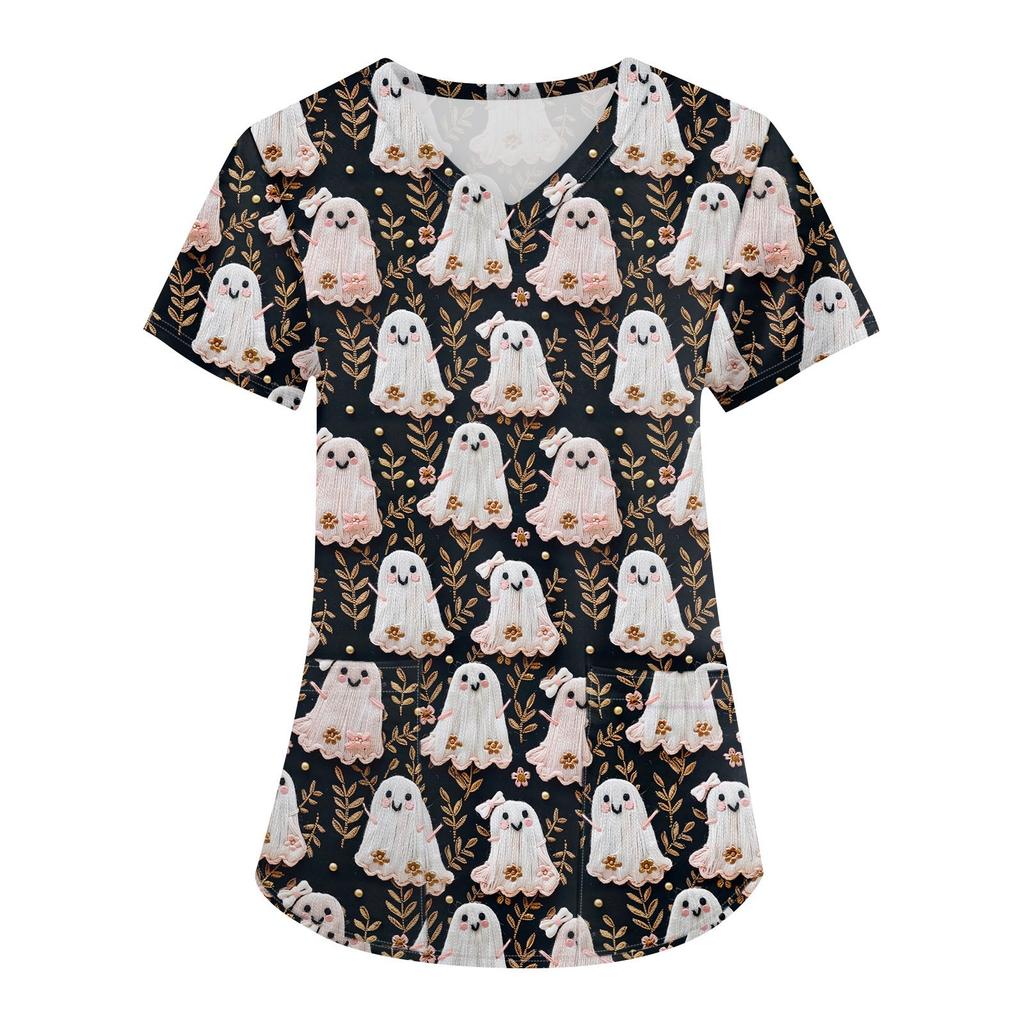 Damen Halloween Print Uniform Arbeitsuniform V-Ausschnitt Tasche Schutz Arbeitsuniform