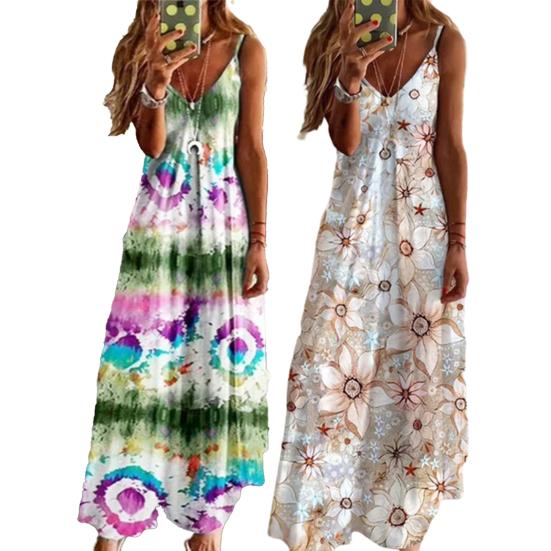 Women's Floral Cami Maxi Dress Spaghetti Strap V Neck Long Dress Casual Sleeveless A-Line Evening Dress Summer Beach Sundress