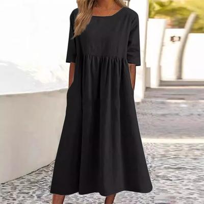 Vestido largo informal holgado de color liso con cuello redondo y mangas de cinco puntas, talla grande.