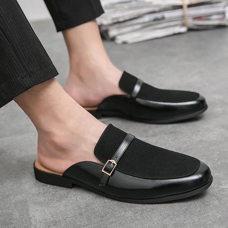 Fashion Luxury Brand Half Shoes 38-48 Men Suede Leather Brown Blue Flat Mules Black Casual Shoes Mens Fashion Mocassin Homme Chaussure