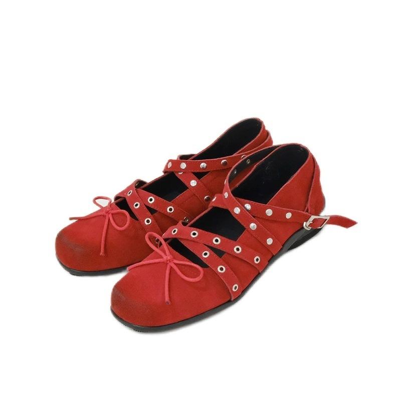 

Red bow small single shoes women s spring and summer retro shallow rivet double cross belt ballet flats 35