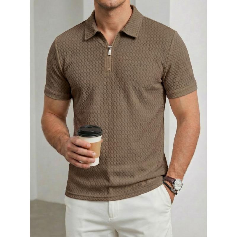 Mens Half Zip Textured Short Sleeve Polo Shirt