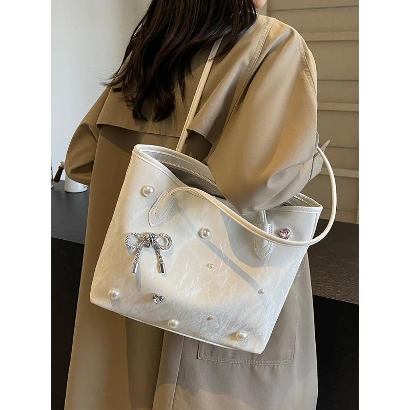 Pu Leather Large Capacity Women's Handbags Sweet Bow Pearl Decorati Ladies Shoulder Bag Portable Solid Color Female Tote Bag