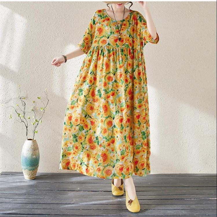 

Вінтажна квіткова бавовняна сукня великого розміру з коротким рукавом, повсякденна, для жінок, вільна, довга, літня, новинка жовтий