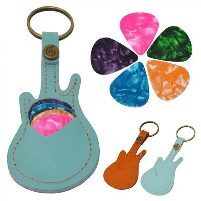 Genuine Leather Guitar Picks Holder Key Chain with 5 Picks Khaki / Green Optional
