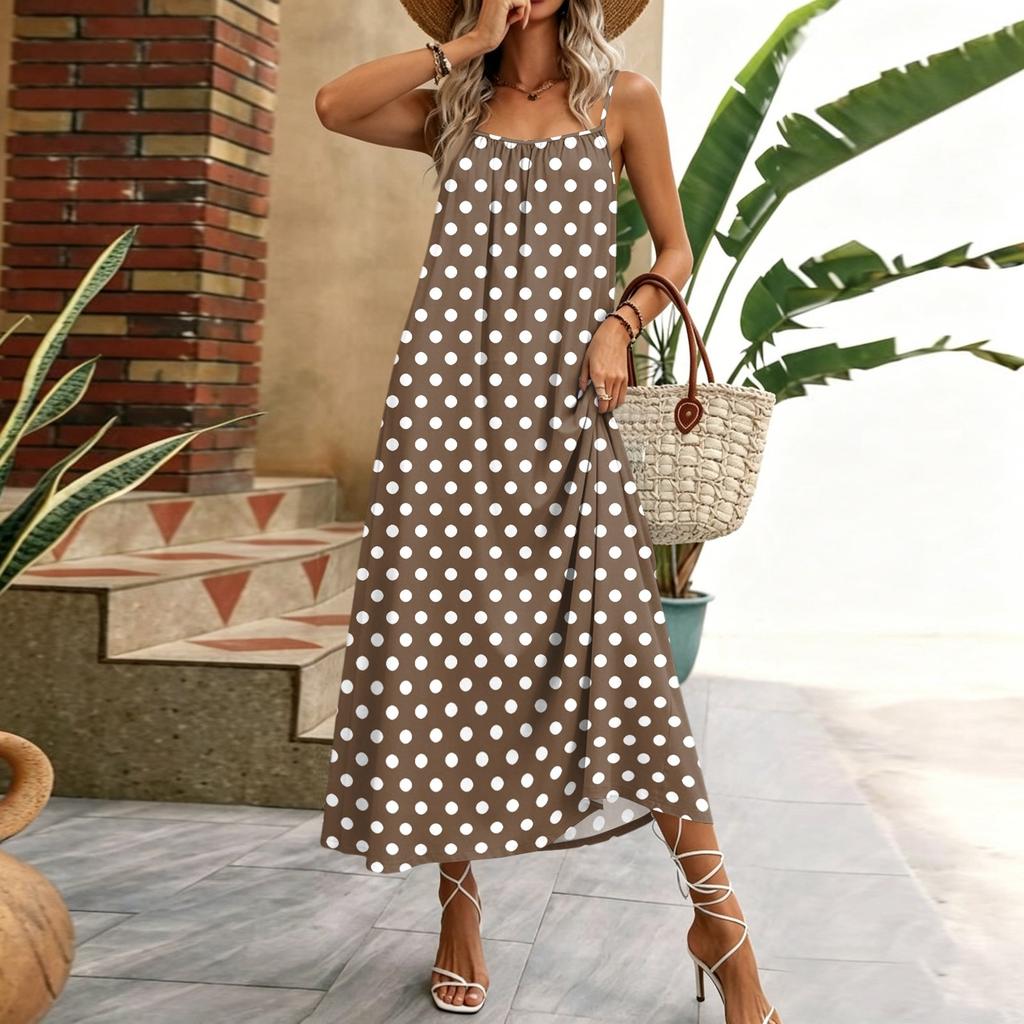 Damen ärmelloses Polka-Dot Maxikleid Sommer lässig langes Kleid mit verstellbaren Spaghettiträgern Leichtes Strandkleid für den Urlaub