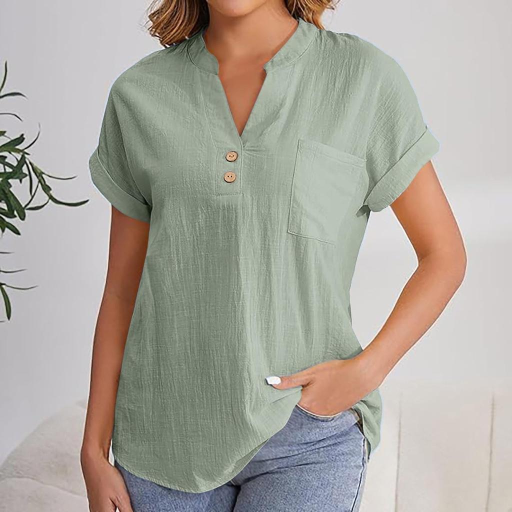 Women's Fashion Solid Color V Neck Button Pocket Short Sleeved Shirt Cotton Casual  T-shirt Top