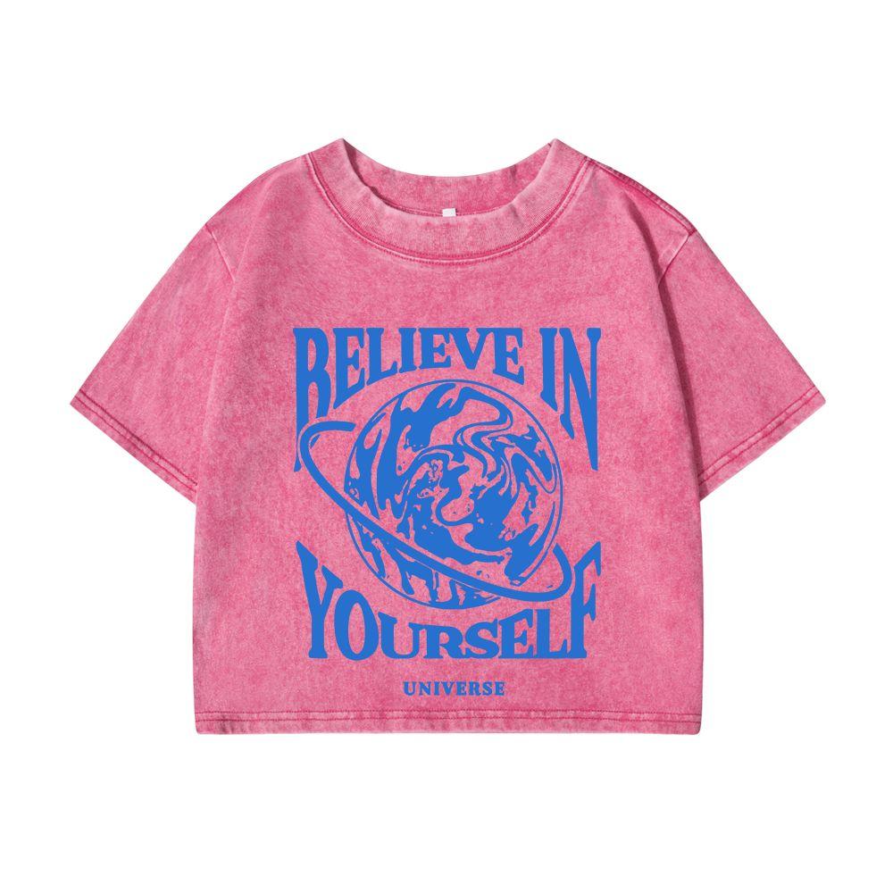 Dámská bavlněná crop trička s praným efektem Věř v sebe potisky topy distressed oversize krátký rukáv dámské oblečení