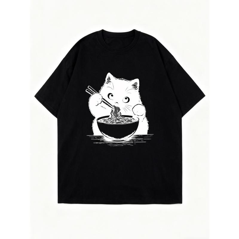 Oversized T Shirt Black Cat Eating Noodles Print Casual Streetwear For Women And Girls Summer Outfit Fashion Trendy Graphic Tee