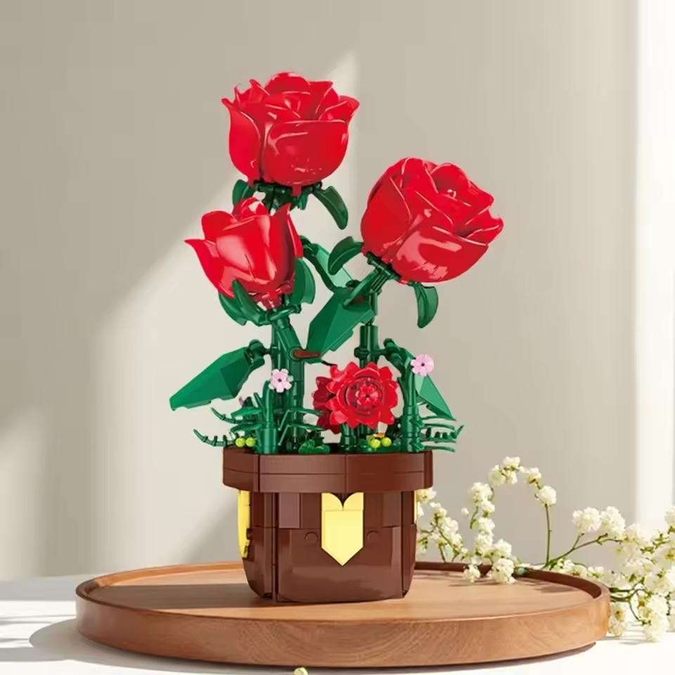 Assembling Rose Building Blocks, Children'S Toys, Gifts, Desktop Eternal Flowers Diy Building Block Toys