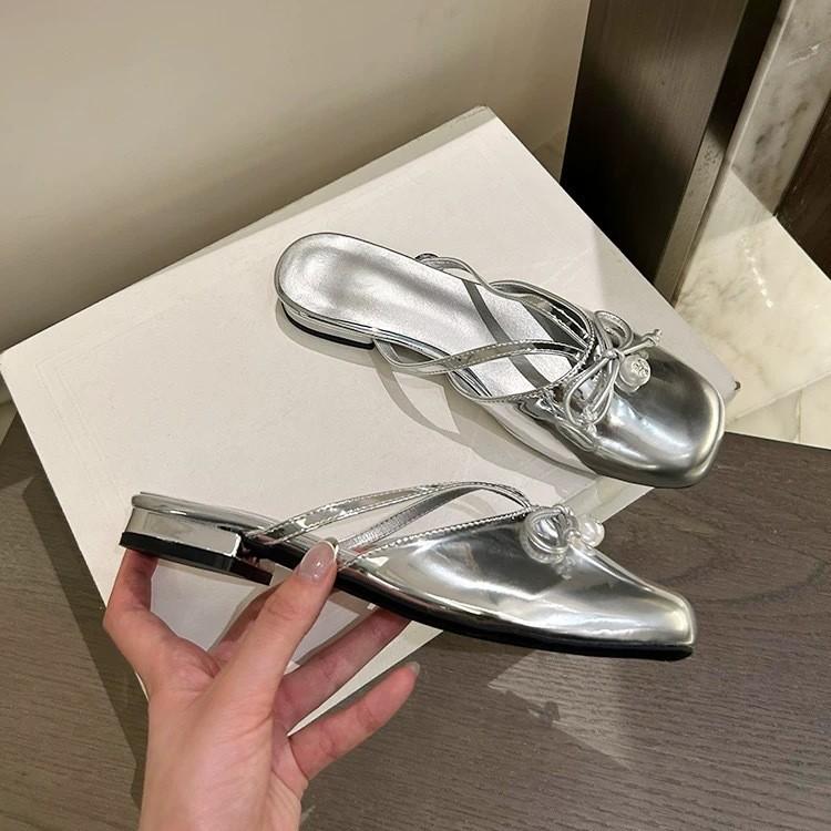 Summer Small C Design Sense New Bow Pearl Muller Shoes Women's Bag Head Half Slippers Low Heel Sandals Comfortable Women