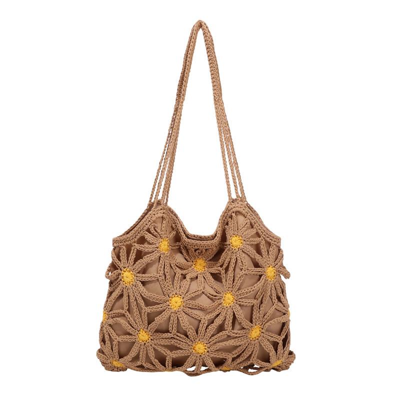 Damen Ein-Schulter-Tasche Trendige Mode Häkelkorb Gänseblümchen Hohlbeutel Lässiger Stil Tragetasche Strandurlaub Strandtasche