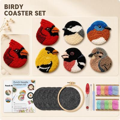 DIY Punch Needle Kit for Bird Coasters Includes Punch Needle Tool Embroidery Hoop Felt Fabric and Colored Threads for Handmade Craft Projects