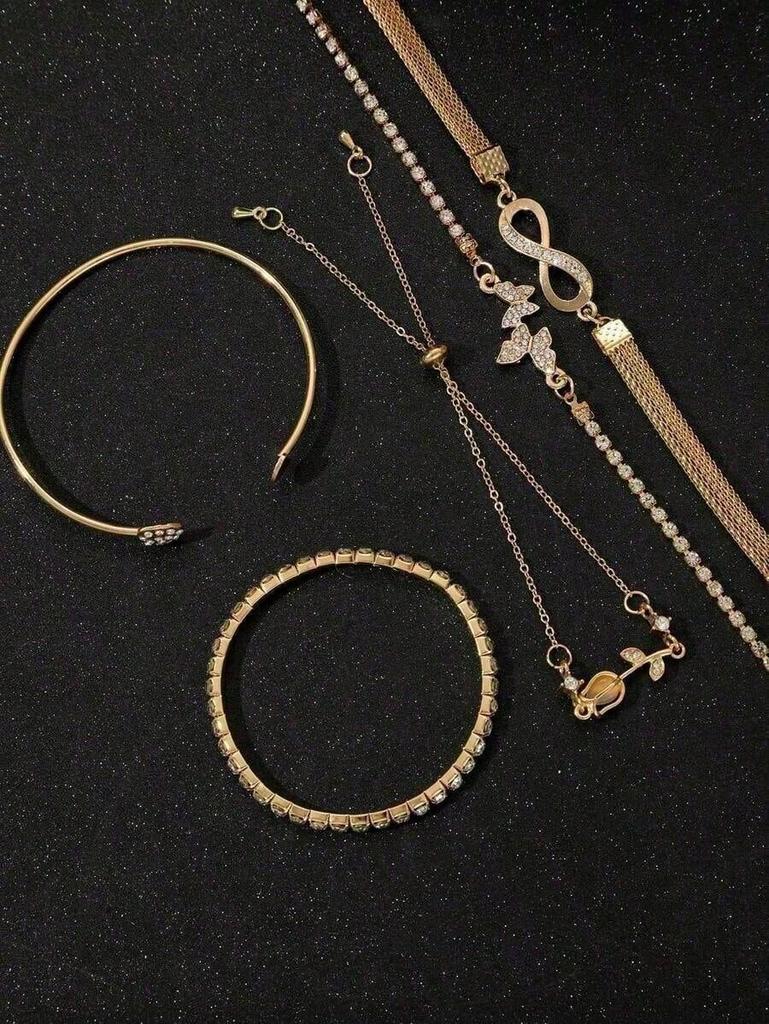 5pcs Fashionable, Simple, Delicate, Elegant, Heart, Flower, Tulip, Droplet Shaped Encrusted, Sparkling 8-Sign Hook Bracelet And Chain Bracelet Set