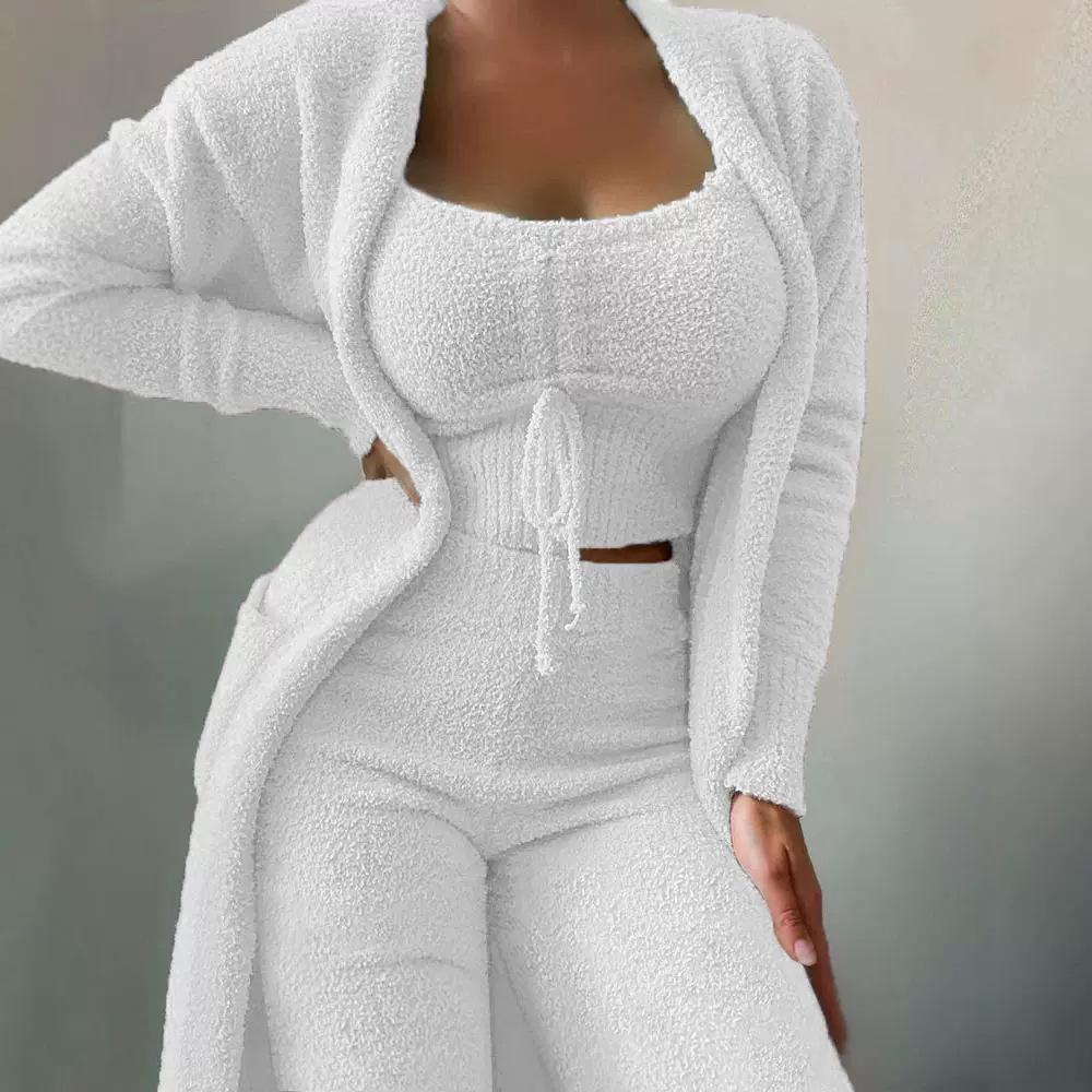 Set 3 Pezzi Cardigan Casual da Donna Autunno/Inverno con Lacci e Pantaloni in Peluche