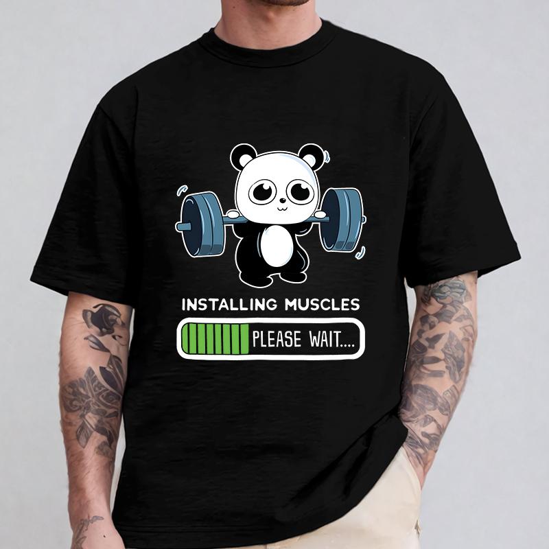 Funny Panda Gym Print T-Shirt Unisex Tees for Men Women O-neck Casual Short Sleeved Weightlifting Installing Muscles Basic Tops