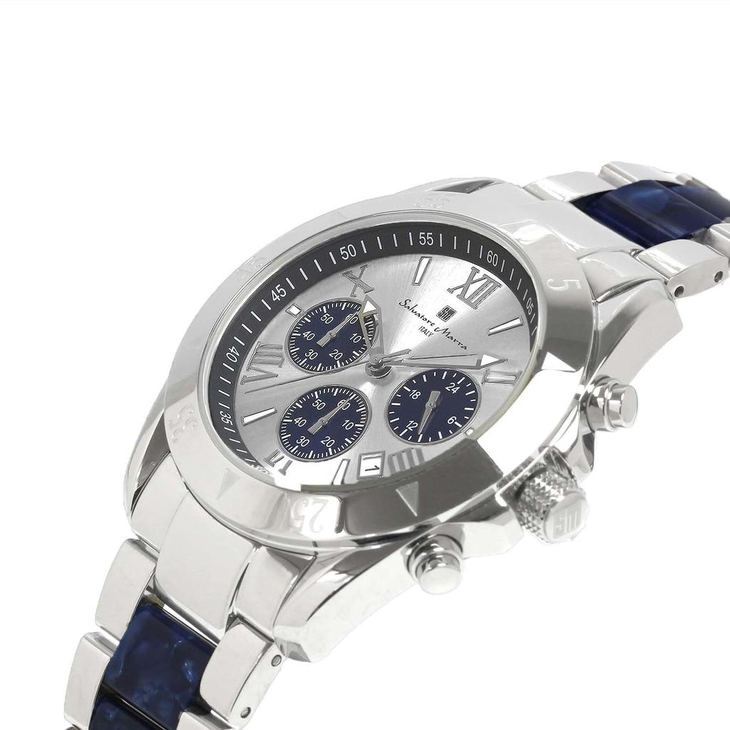 Salvatore Marra Chronograph Watch with Acetate and 20th Anniversary Limited White Blue and Men's Two-Tone Strap, Edition, Silver, SM23105-SSWHBL