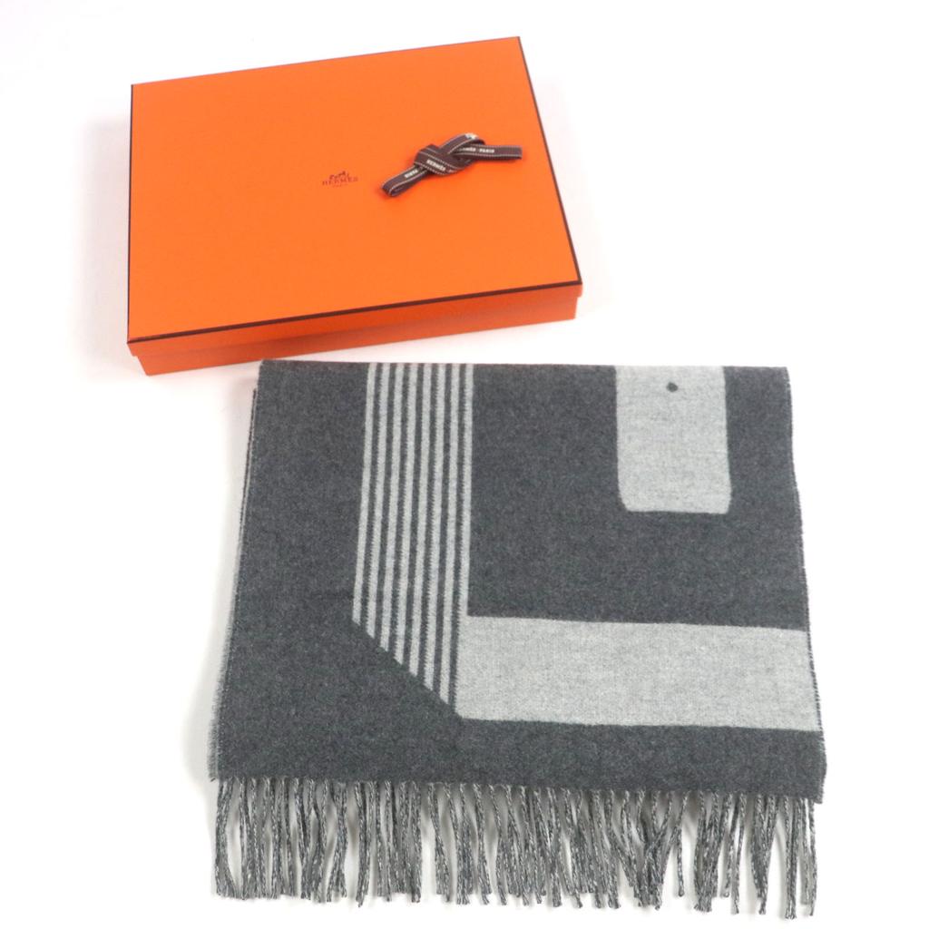 Excellent HERMES Scarf Sangre a Bookle With fringe gray cashmere mens Used