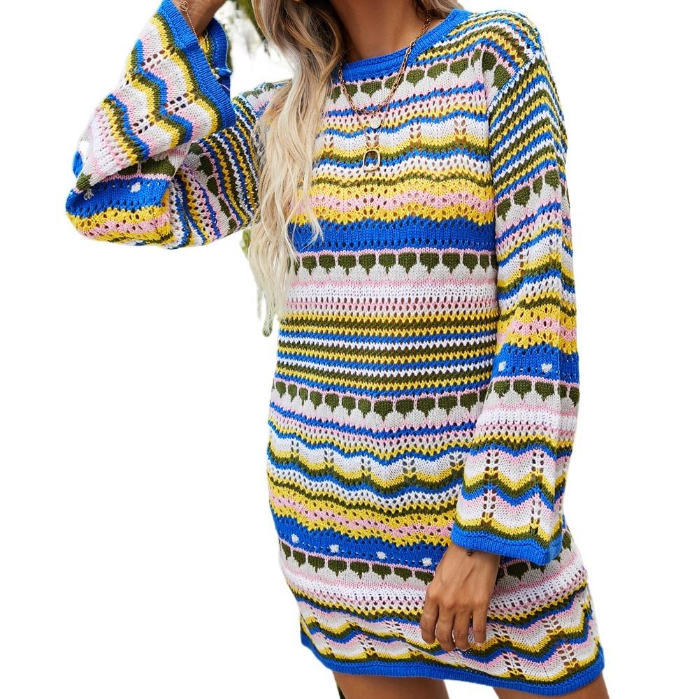 

IHUASU Женский осенне-зимний вязаный свитер с круглым вырезом, пуловер в радужную полоску, свитер средней длины XL синий