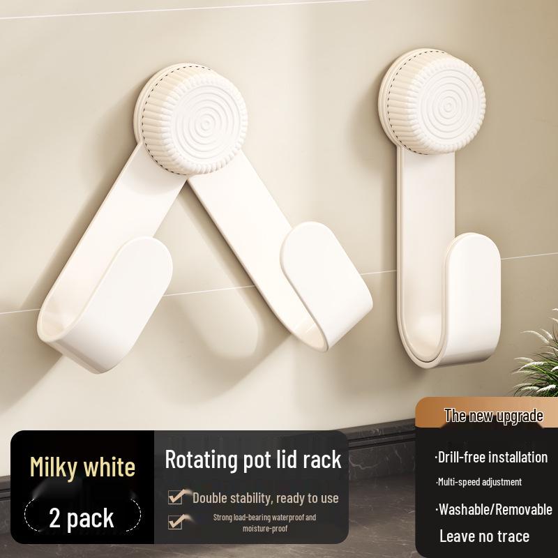 Wall-Mounted Rotating Pot Lid & Cutting Board Rack – Seamless Nail-Free Design with Suction Cup Storage.