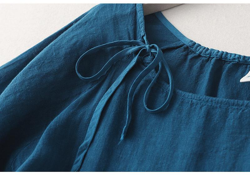 Retro Tie-Dye Blue Gradient Dress with Round Neck and Drawstring - Summer Design 2026
