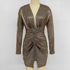 Women's Sparkly Ruched Bodycon Dress Sexy Deep V Neck Long Sleeve Mini Dress Metallic Party Club Night Dress