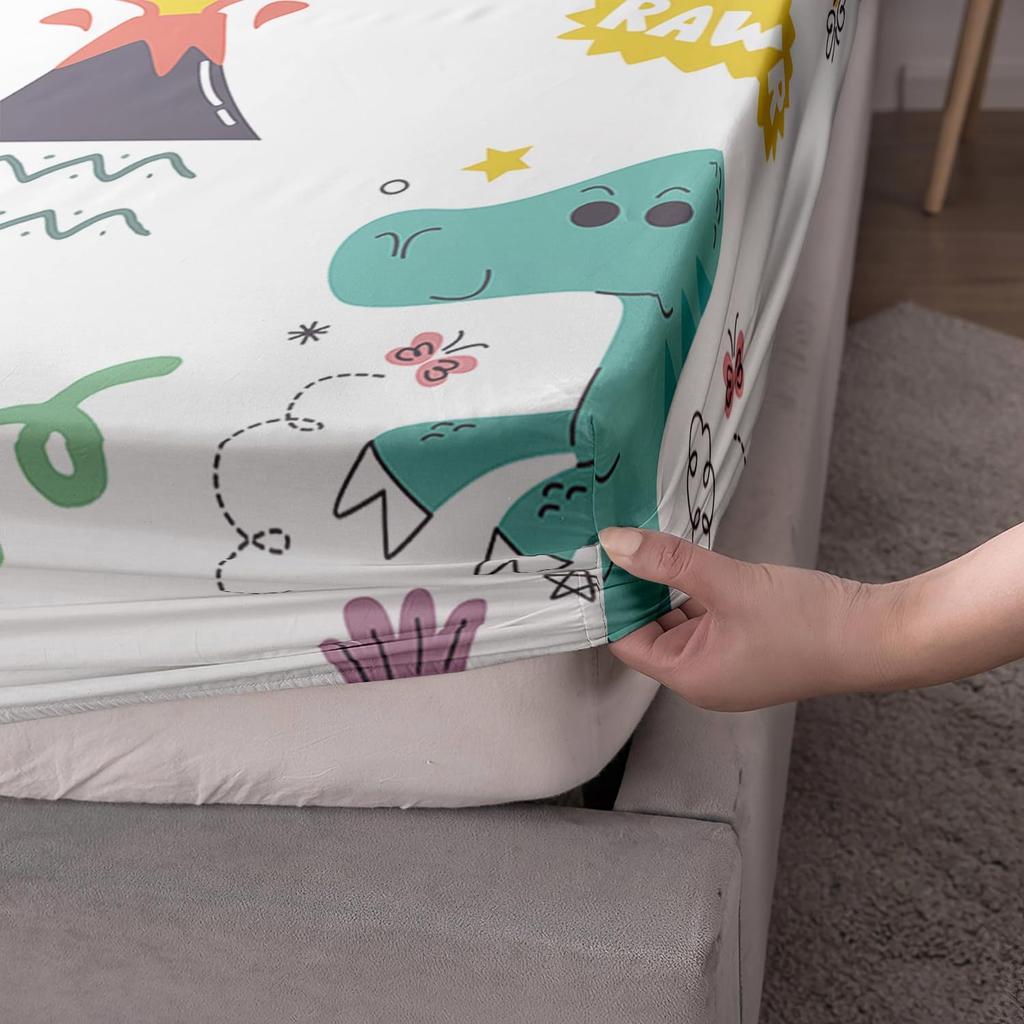 Cute Dinosaur Bedding Set 2pcs Single Size Fitted Sheet with Pillowcase for Kids Boys Teens Cartoon Animal Design