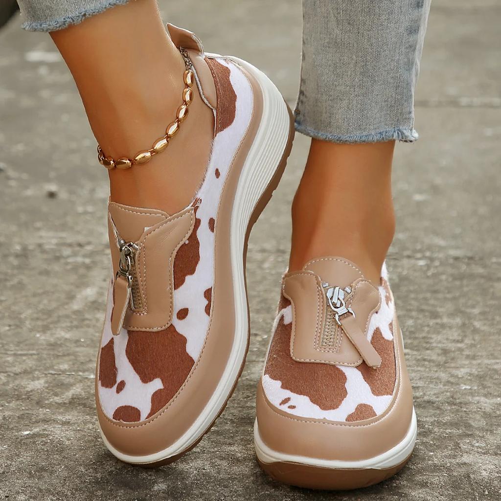 Women's Leopard Print Wedge Sneakers Fashion Front Zipper Platform Vulcanized Shoes Woman Plus Size Casual Comfort Sports Shoes